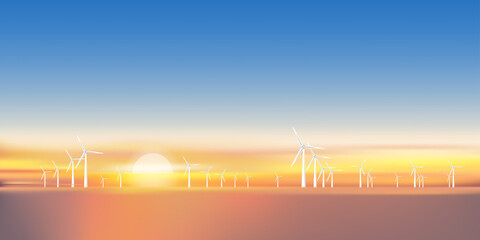 Wall Mural - Seascape Windmill farm in the ocean, Row of floating wind turbines, Landscape offshore wind turbines in the sea against sunset with orange and blue sky in evening