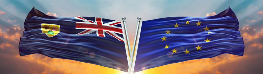 Double Flag European Union and Turks and Caicos Islands flag waving flag with texture sky clouds and sunset background