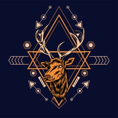 Wall Mural - Deer head with sacred geometry pattern on black background-vector retro illustration