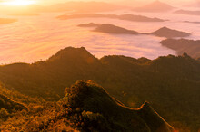 Landscape And Starscape Of The Mountain And Sea Of Mist In Winter Sunrise View From Top Of Doi Pha Tang Mountain , Chiang Rai, Thailand