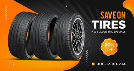 Poster - Tire sale out banner template. Grunge tire tracks background for landscape poster, digital banner, flyer, leaflet design. Disc on wheel in process of new tire replacement.