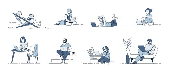 Wall Mural - People with laptop. Cartoon men and women working with computers at home or outdoor. Isolated freelance characters in comfortable conditions. Modern self-employed persons. Vector monochrome flat set