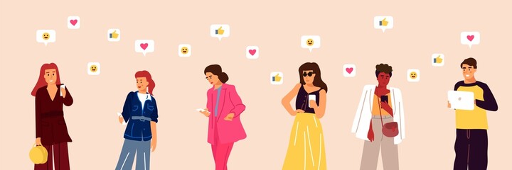 Poster - People using phone. Vector man and woman chatting and texting online, exchanging messages with emoticons on smartphones and digital tablets, social media communication cartoon horizontal concept