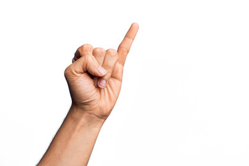 Wall Mural - Hand of caucasian young man showing fingers over isolated white background showing little finger as pinky promise commitment, number one