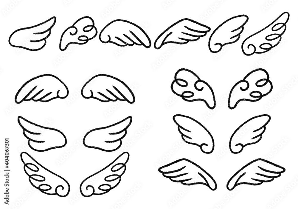手描き 羽根のイラストセット 白黒線画 Angel Wall Mural Ang Fuwari