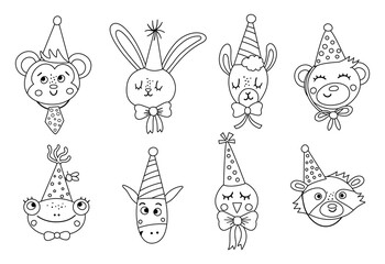 Poster - Set of vector cute black and white animal faces in party hats. Birthday outline avatars collection. Funny illustration of bear, frog, llama, raccoon, monkey for kids. Celebration line icons pack.