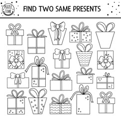 Find two same presents. Holiday black and white matching activity for children. Funny outline educational Birthday party logical worksheet for kids. Simple line printable celebration game.