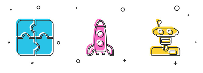 Canvas Print - Set Piece of puzzle, Rocket ship and Robot icon. Vector.