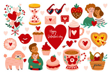 Valentine's day cute elements set. Childish print for cards, stickers, apparel and banner design