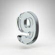 Number 9 on white background. Camera lens transparent glass 3D rendered number with dispersion.