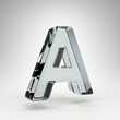 Letter A uppercase on white background. Camera lens transparent glass 3D rendered font with dispersion.