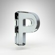 Letter P uppercase on white background. Camera lens transparent glass 3D rendered font with dispersion.