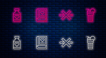 Sticker - Set line Medical book, No Smoking, Vitamin pill and Fresh smoothie. Glowing neon icon on brick wall. Vector.