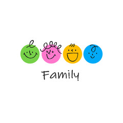 Sticker - Contemporary Family portrait. Round abstract comic Faces with various Emotions. Crayon drawing style. Different colorful characters. Cartoon style. Flat design. Hand drawn trendy Vector illustration.