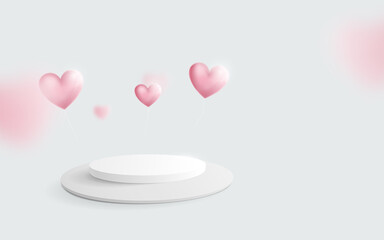 Aufkleber - White podium with Heart balloons floating. Valentines day. 3d vector illustration