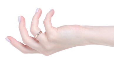 Female hand with gold ring of finger on white background isolation