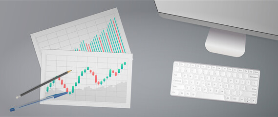 The concept of trading on the finance exchange. Blanks with business charts, uptrend line graph, histogram and bull market stock numbers. Vector.