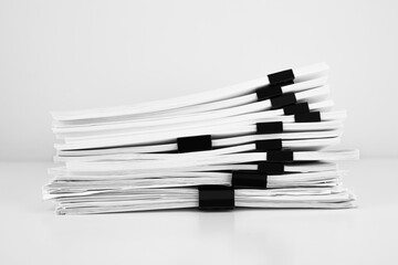 Sticker - Stack of report paper documents for business desk, Business papers for Annual Reports files. Business offices concept.