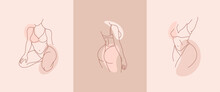 Set Of Beautiful Curvy Woman Body Line Art Illustration. Minimalist Linear Female Figure. Abstract Nude Sensual Line Art. Simple Body Positive Elegant Posters.