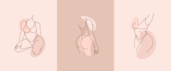 set of beautiful curvy woman body line art illustration. minimalist linear female figure. abstract n