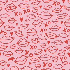 Doodle lips shapes background Valentine's Day kiss seamless pattern Linear woman mouth backdrop Romantic red pink feminine design. Vector illustration