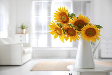 Poster - Beautiful bouquet of sunflowers in vase on table indoors. Space for text