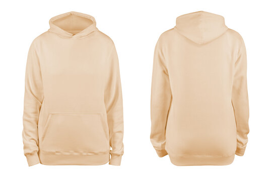woman's beige blank hoodie template,from two sides, natural shape on invisible mannequin, for your design mockup for print, isolated on white background.