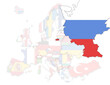 3D Europakarte auf der Russland hervorgehoben wird und die restlichen Flaggen transparent sind