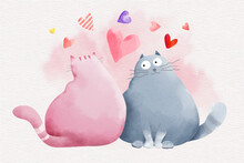 Cute Watercolor Valentine's Day Animal Couple With Cats 