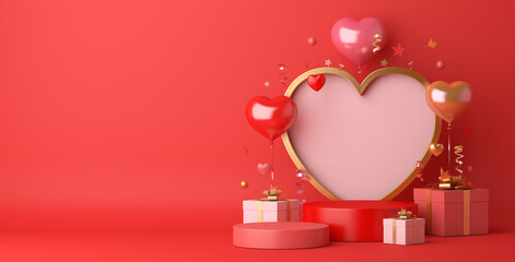 Wall Mural - Happy valentines day podium decoration with heart shape balloon, gift box, confetti, 3D rendering illustration	