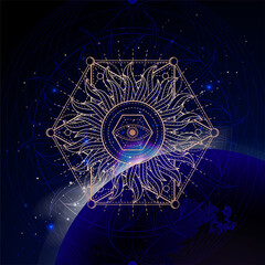 Wall Mural - Vector illustration of Sacred geometric symbol against the space background with sunrise and stars. Mystic sign drawn in lines. Image in purple color.