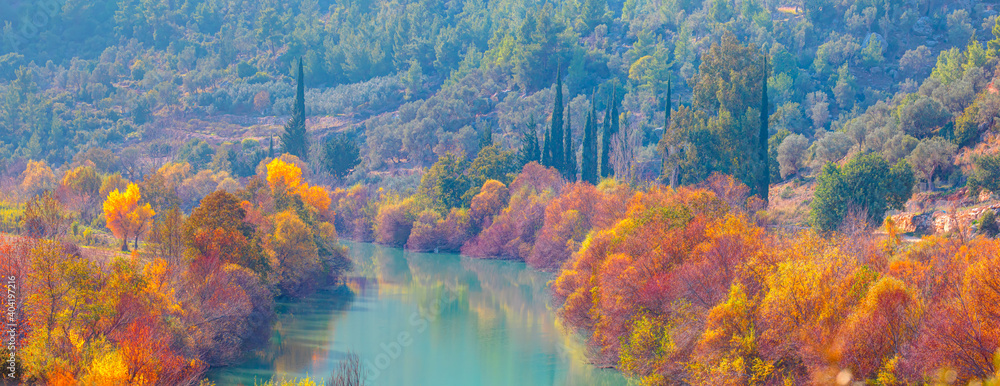 Colorful majestic Goksu river in national park with autumn forest - Mersin, Turkey - obrazy, fototapety, plakaty 