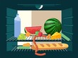 Refrigerator filled with food, view from inside. Vector illustration.