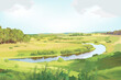 Green environment : panorama green meadow view and small bright river area