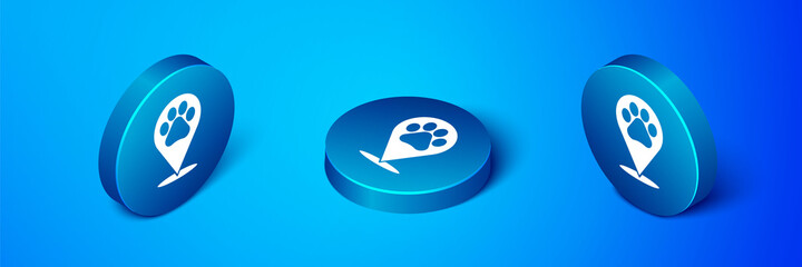 Sticker - Isometric Map pointer with veterinary medicine hospital, clinic or pet shop for animals icon isolated on blue background. Vet or veterinarian clinic. Blue circle button. Vector.