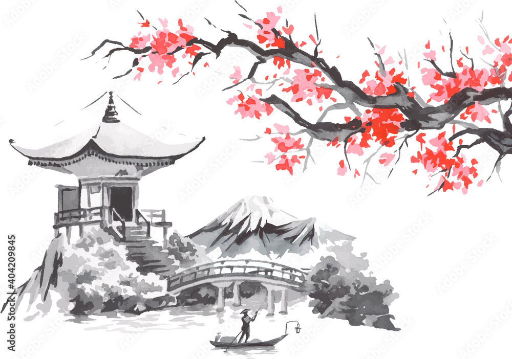Japan traditional sumi-e painting. Fuji mountain, sakura, sunset. Japan sun. Indian ink vector illustration. Japanese picture. - obrazy, fototapety, plakaty 