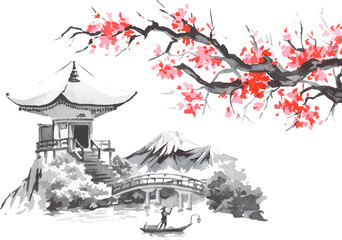 japan traditional sumi-e painting. fuji mountain, sakura, sunset. japan sun. indian ink vector illus