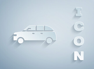 Poster - Paper cut Hatchback car icon isolated on grey background. Paper art style. Vector.