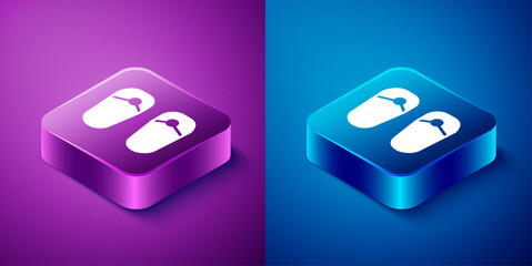 Poster - Isometric Flip flops icon isolated on blue and purple background. Beach slippers sign. Square button. Vector.