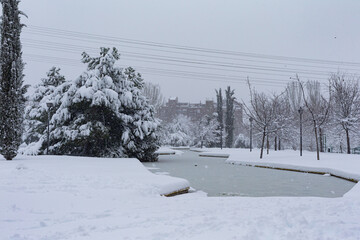 Parks and streets of Madrid covered with snow after the passage of the Filomena Storm through the capital. Extreme cold. Nevada in Madrid. Filomena storm.