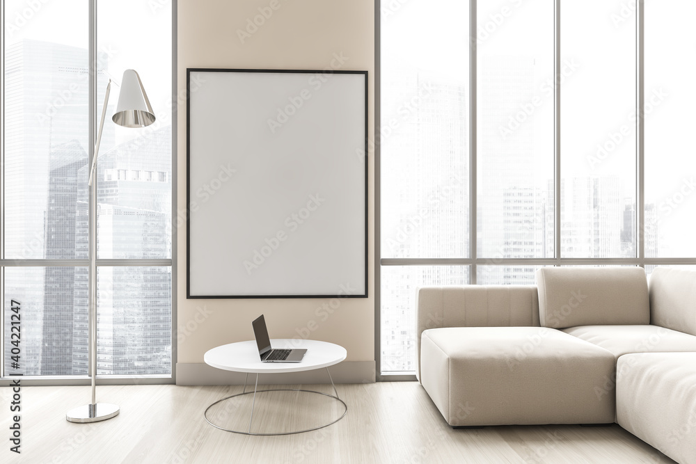 Mockup canvas in light living room with white sofa on parquet floor - obrazy, fototapety, plakaty 