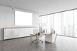 © ImageFlow - Mockup canvas in white office room with chair, table and computer near window