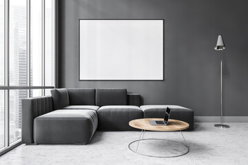 Mockup canvas in dark living room with black sofa on marble floor