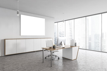 Wall Mural - Mockup canvas in white office room with chair, table and computer near window