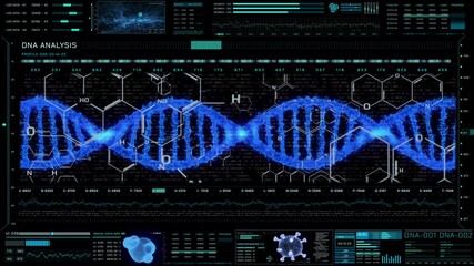 Poster - DNA Double Helix Strand in HUD UI System Futuristic Screen. Digital Blue Spin Medical Element, Virtual Technology Background Design for game, infographic 4K animation.