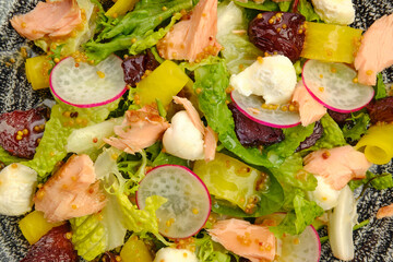 Sticker - Macro photo of salad with salmon, radish, zucchini and beetroot