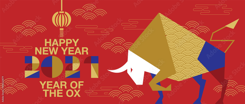 Happy new year, Chinese New Year, 2021, Year of the Ox, happy new year,  Flat design (Translate : Ox ) - obrazy, fototapety, plakaty 