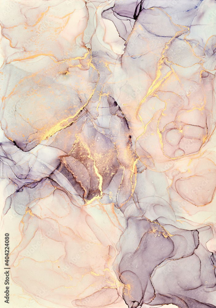 Natural  luxury abstract fluid art painting in alcohol ink technique. Tender and dreamy  wallpaper. Mixture of colors creating transparent waves and golden swirls. For posters, other printed materials - obrazy, fototapety, plakaty 