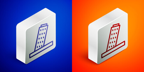 Sticker - Isometric line Leaning Tower in Pisa icon isolated on blue and orange background. Italy symbol. Silver square button. Vector.