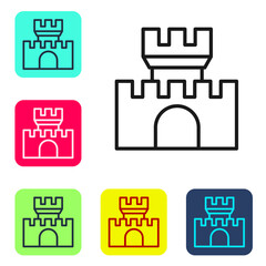 Sticker - Black line Castle icon isolated on white background. Medieval fortress with a tower. Protection from enemies. Reliability and defense of the city. Set icons in color square buttons. Vector.